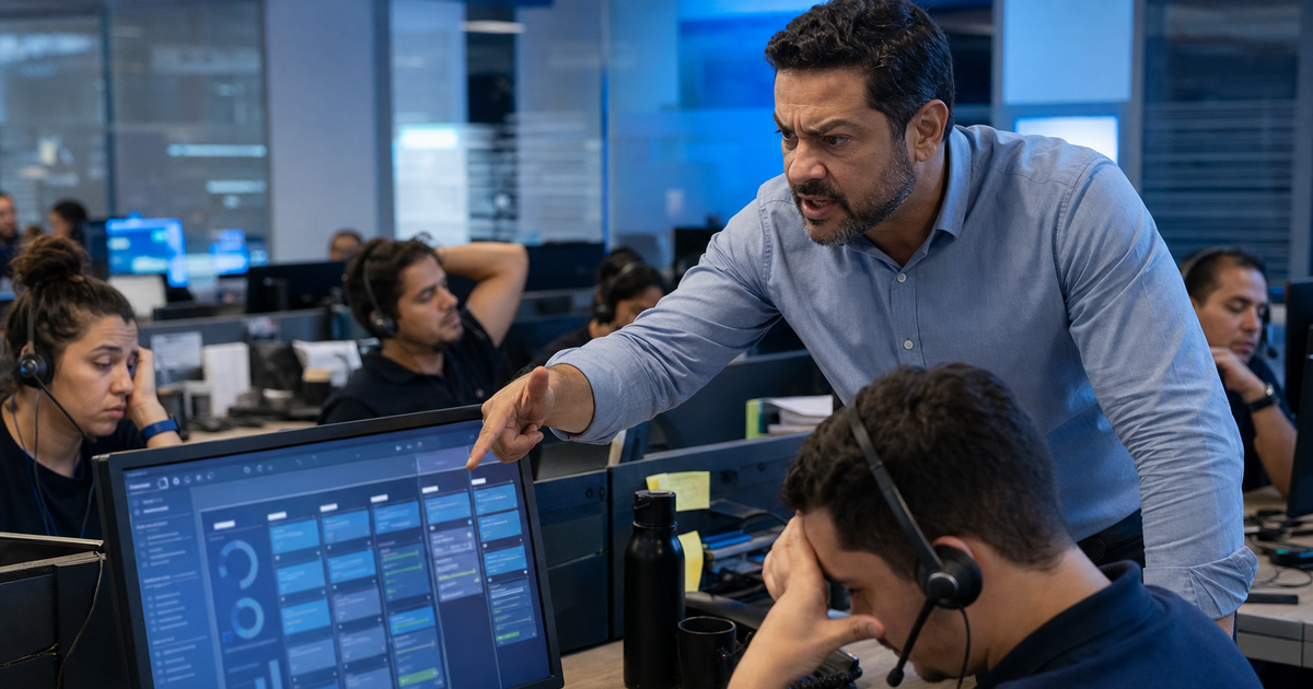 Gestor bravo em operação de telemarketing cobrando uso correto do CRM pela equipe comercial