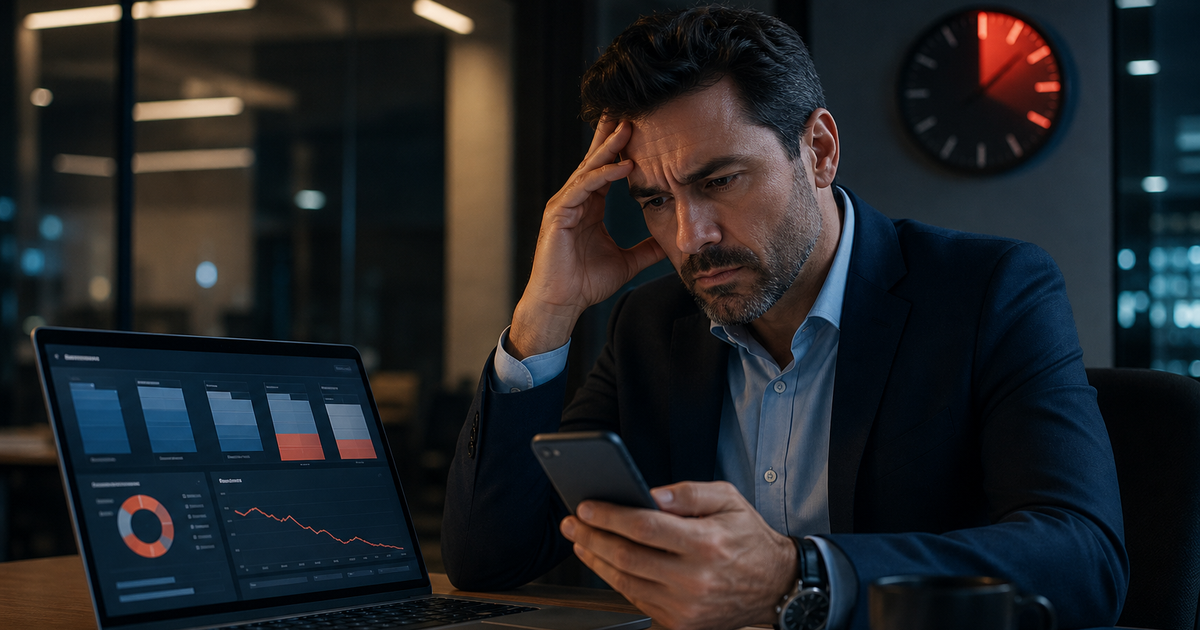 Empresário preocupado olhando o celular com mensagens de leads atrasadas enquanto acompanha o CRM no notebook