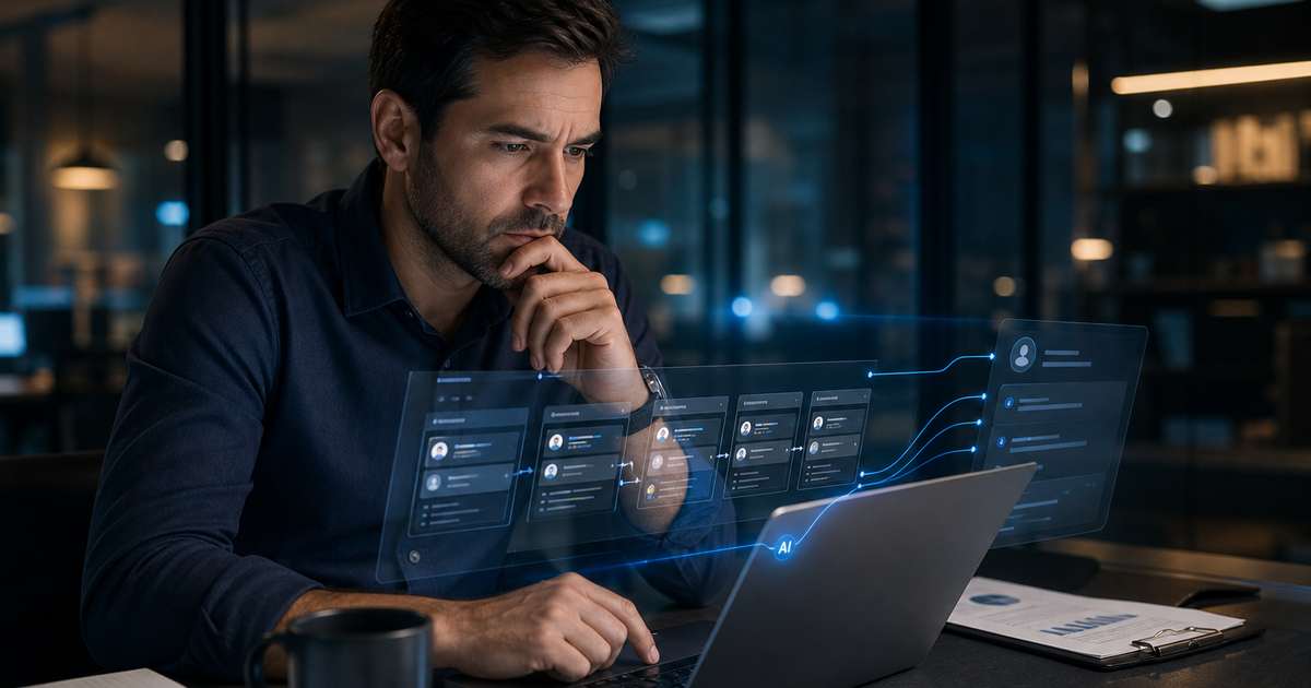 Diretor comercial analisando CRM e fluxo de IA conectado ao WhatsApp e processos de vendas