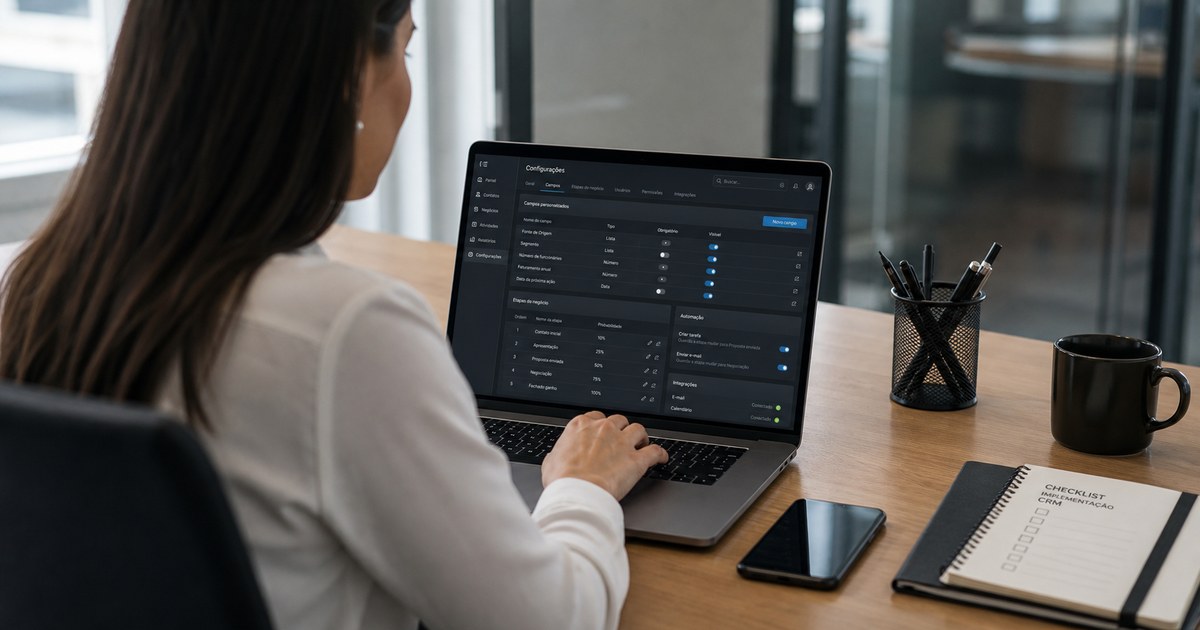 Gestor comercial analisando uma tela de CRM com configuração excessiva antes do processo estar claro