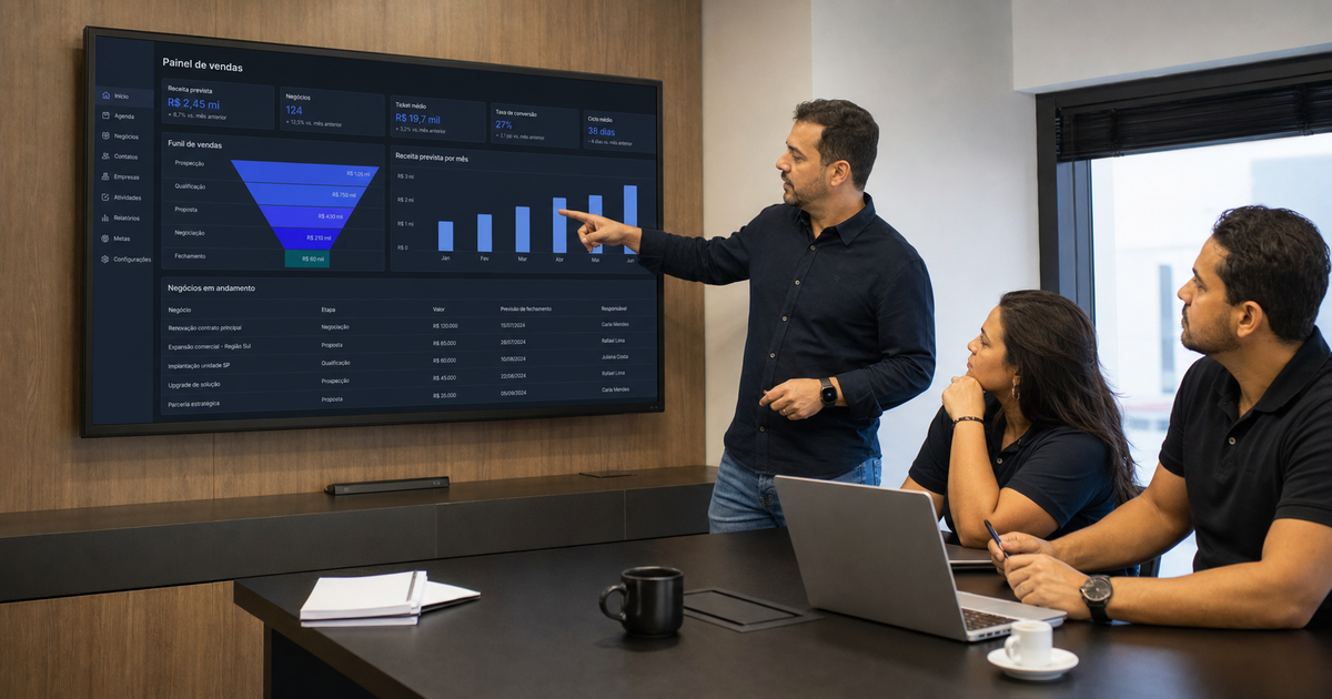 Equipe comercial revisando painel de CRM nas primeiras semanas de implantação