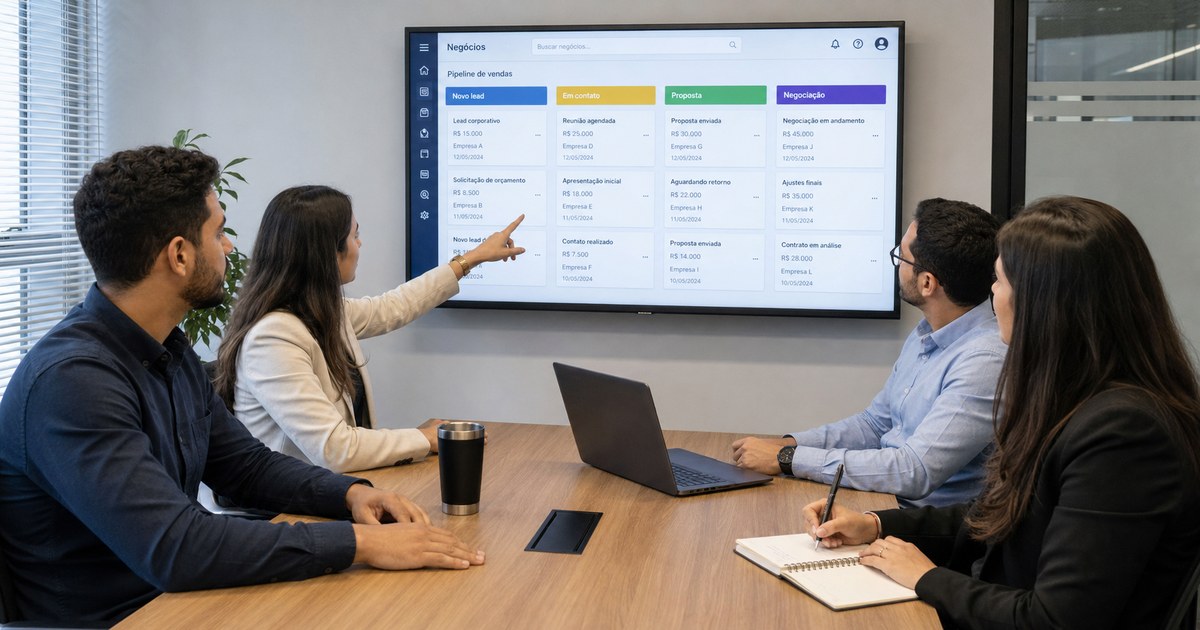 Equipe comercial em reunião semanal revisando pipeline simples de CRM com etapas e responsáveis